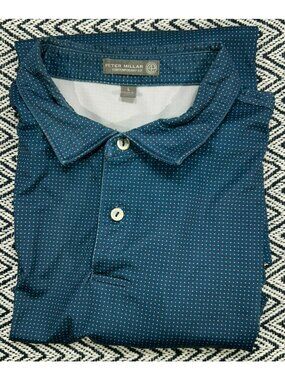 Peter Millar Mens Contemporary Fit Polo Shirt L Blue Polka Dot Pattern Polyester